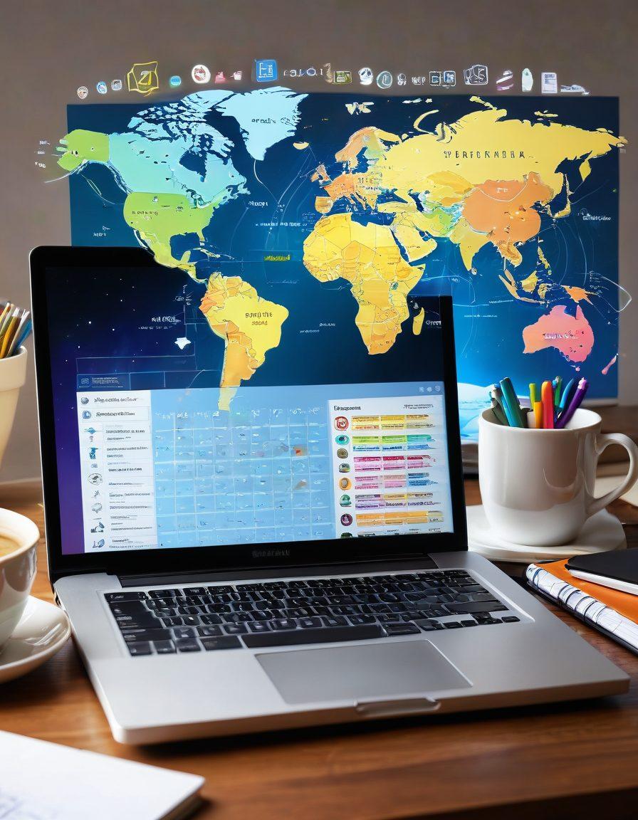 A laptop open with a glowing screen displaying various online educational icons, surrounded by books, a notepad, and a coffee cup. In the background, a colorful world map symbolizes global learning. Bright, inviting colors create an atmosphere of inspiration and motivation. super-realistic. vibrant colors. white background.
