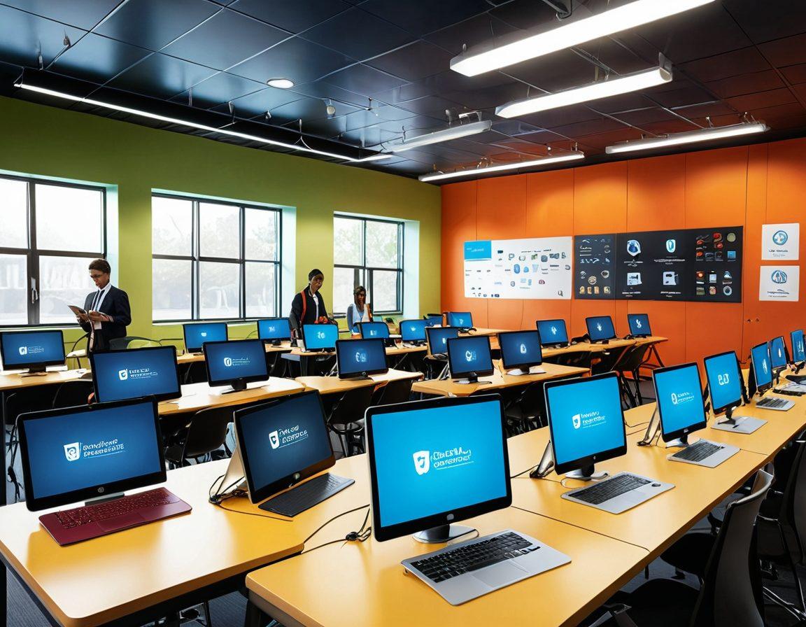 A sleek, modern digital classroom environment filled with diverse students engaging in interactive learning via tablets and laptops. Visual elements include animated icons of online courses and professional development symbols, like graduation caps and gear wheels, seamlessly blending with virtual reality elements. A bright, inviting color palette to emphasize innovation and creativity. super-realistic. vibrant colors. airy atmosphere.